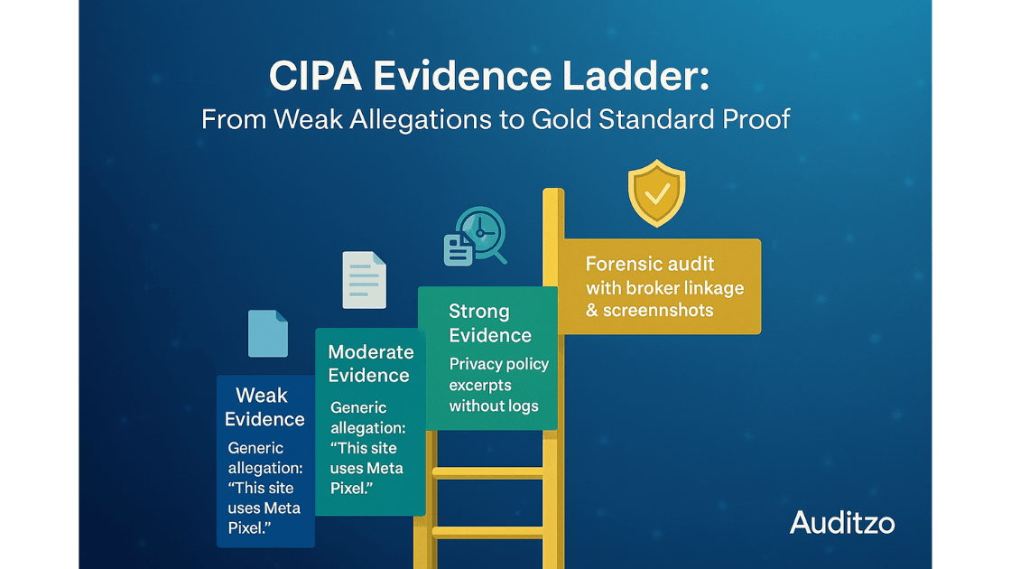 Evidence ladder infographic for CIPA litigation showing weak to gold standard proof with examples from Auditzo forensic audits.