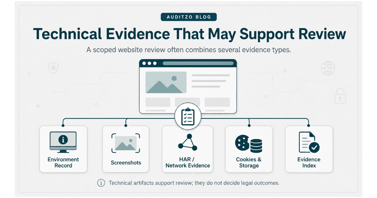 Diagram of technical evidence that may support a CIPA-oriented website review, including an environment record, screenshots, HAR network evidence, cookies, browser storage, and an evidence index.