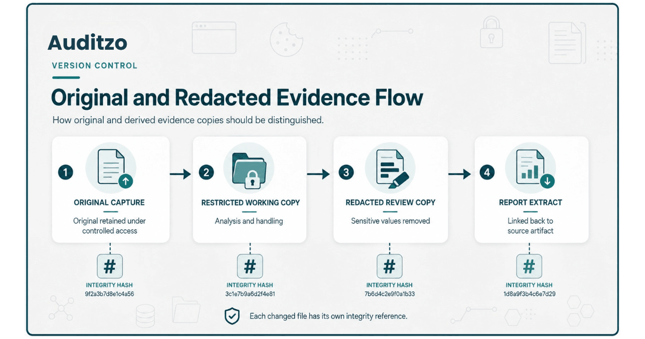 Evidence version flow showing an original capture, restricted working copy, redacted review copy, and report extract, with a separate integrity hash for each changed file.
