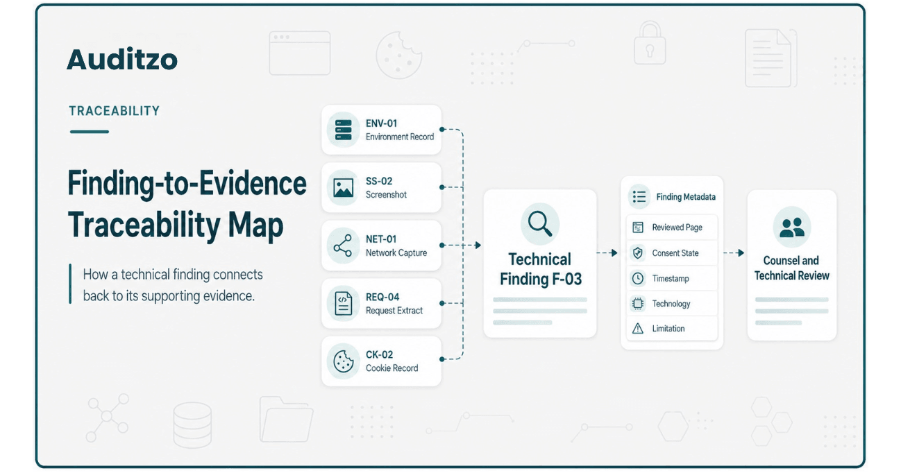 Traceability map connecting an environment record, screenshot, network capture, request extract, and cookie record to a technical finding and counsel or technical review.