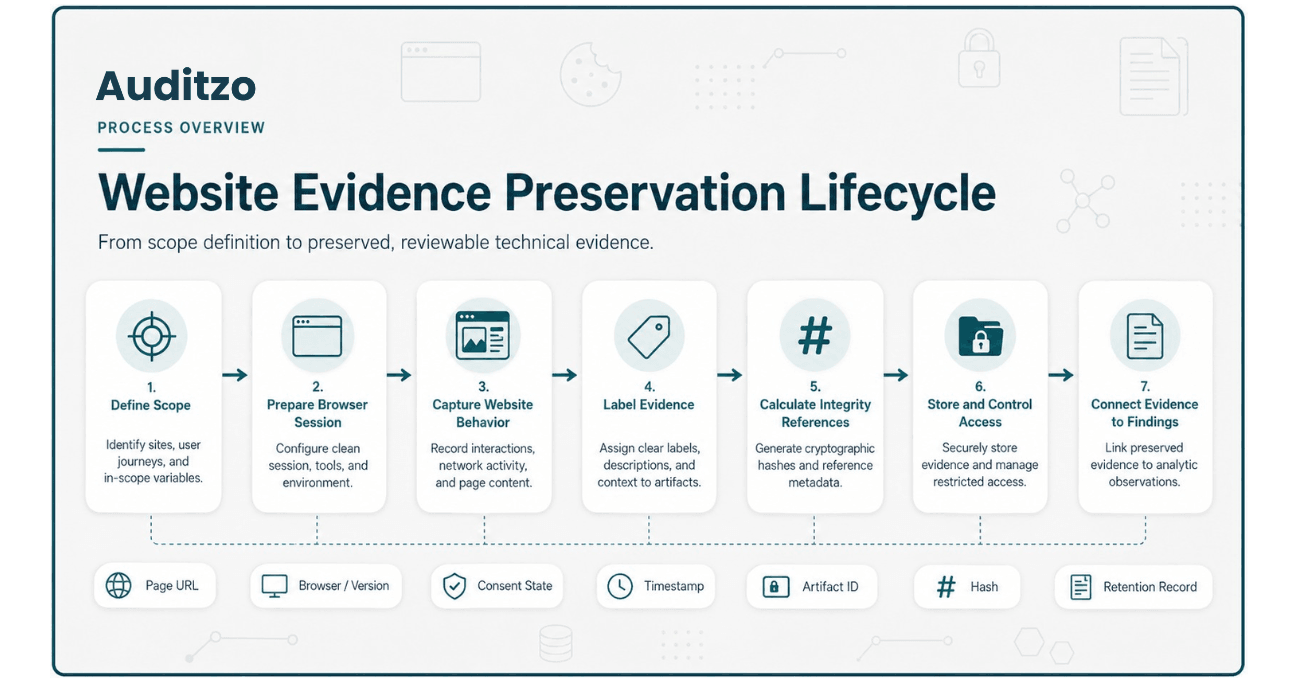 Seven-step website evidence preservation lifecycle covering scope definition, browser preparation, technical capture, evidence labeling, integrity references, controlled storage, and finding traceability.