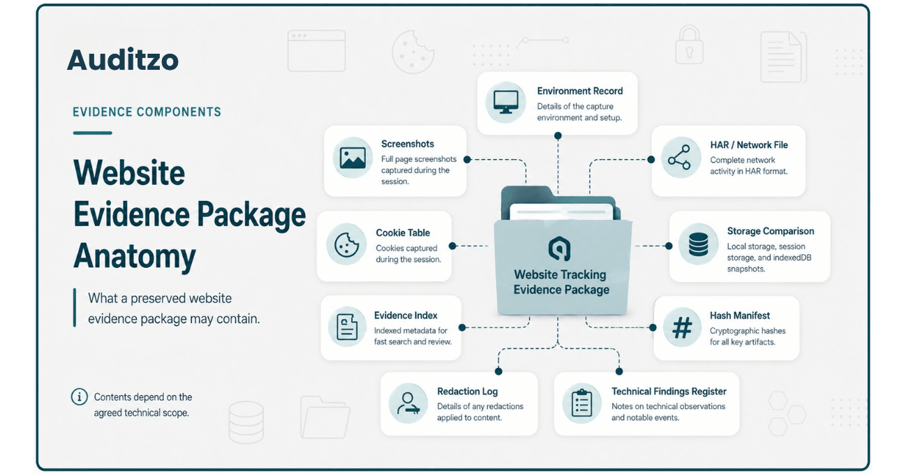 Diagram of a website tracking evidence package containing an environment record, screenshots, HAR network files, cookie tables, storage comparisons, an evidence index, hash manifest, redaction log, and technical findings register.