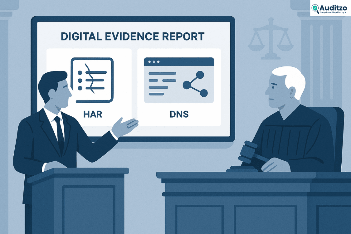 Illustration of lawyer presenting HAR and DNS logs as digital evidence in courtroom before a judge.