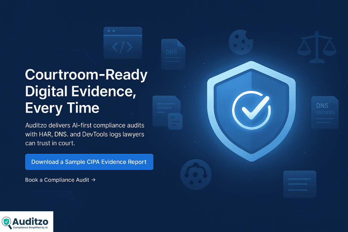 Courtroom-ready digital evidence illustration with compliance shield, HAR logs, DNS icons, and balance scale.