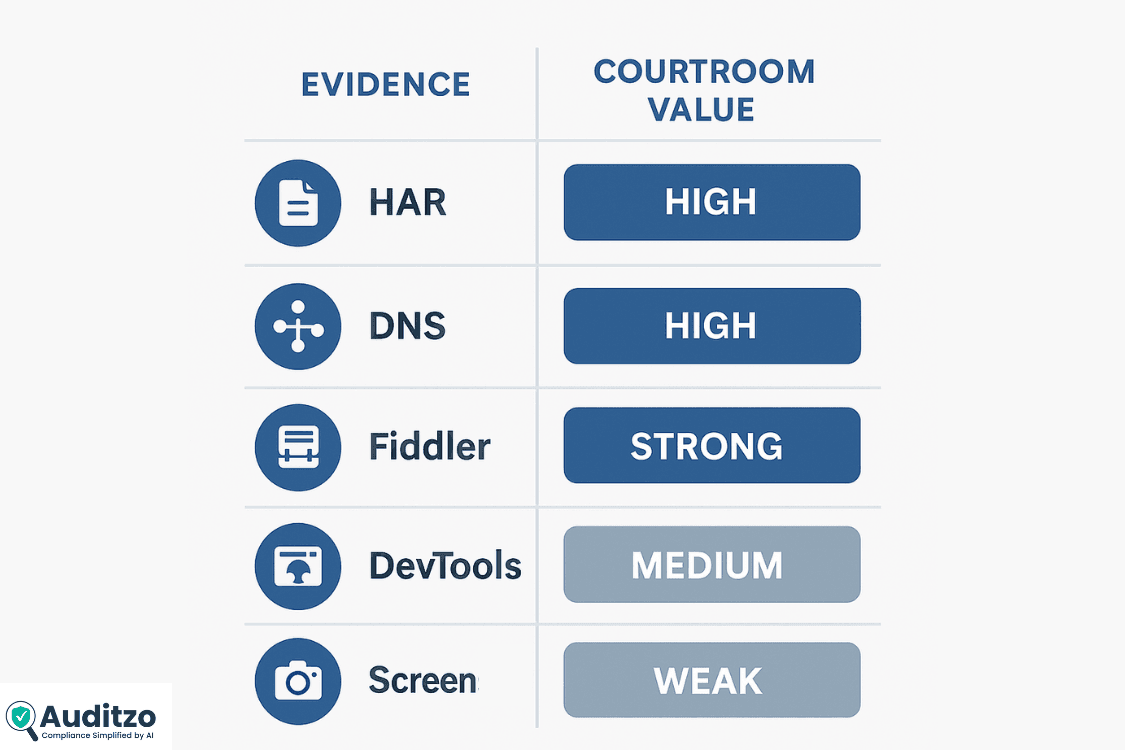 Infographic matrix comparing courtroom value of HAR files, DNS logs, Fiddler payloads, DevTools captures, and screenshots.