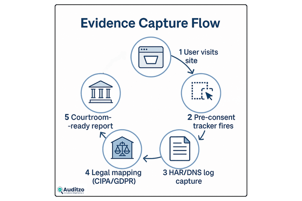 Infographic showing Auditzo’s 4-step compliance audit workflow: capture, timestamp, report, courtroom