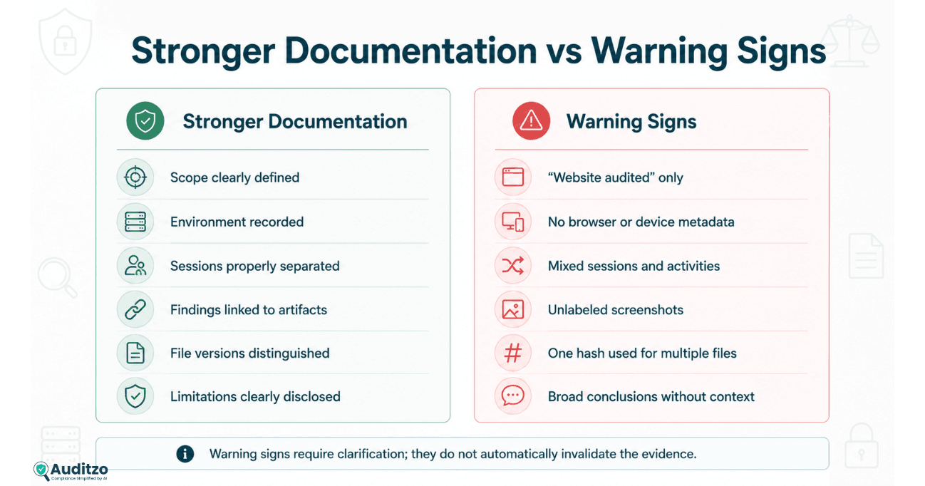 Comparison of stronger website evidence documentation and warning signs, including defined scope, recorded environment, separated sessions, linked artifacts, file versions, hashes, screenshots, and limitations.