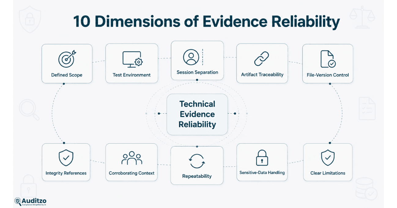 Diagram showing ten dimensions of website tracking evidence reliability, including scope, test environment, session separation, traceability, file versions, integrity references, context, repeatability, data handling, and limitations.