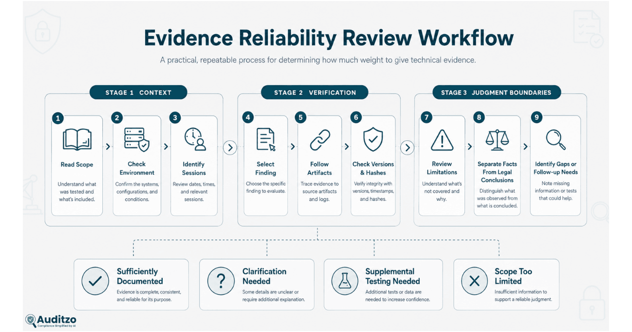 Nine-step website tracking evidence reliability workflow covering scope, environment, sessions, finding selection, artifact traceability, file versions, hashes, limitations, legal boundaries, and follow-up needs.