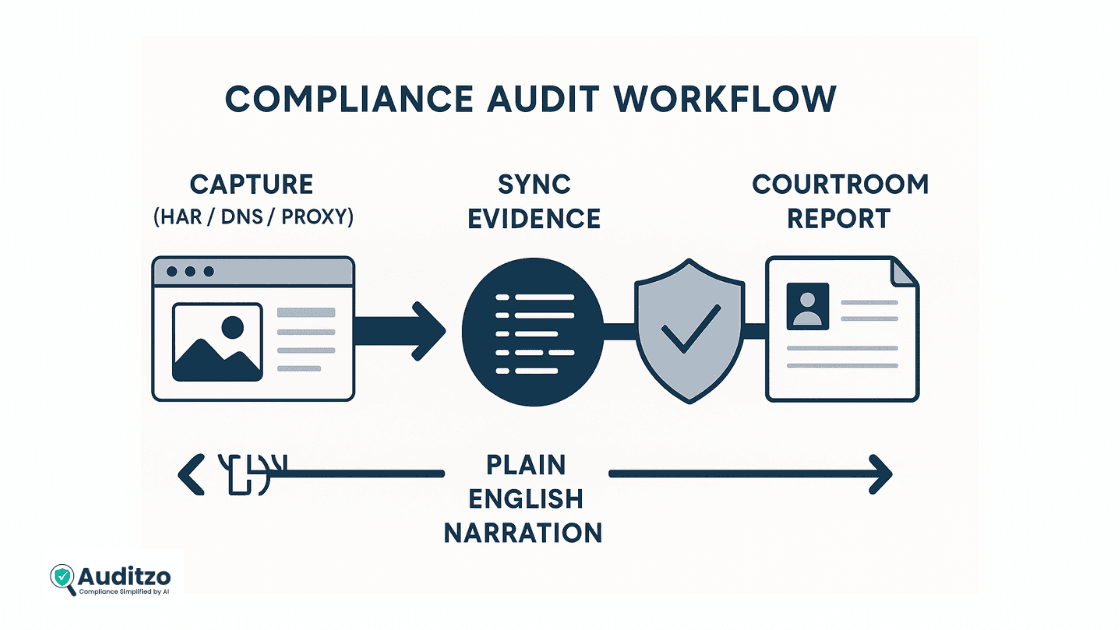 Compliance audit workflow diagram showing capture of HAR, DNS, proxy logs, syncing evidence, plain English narration, and final courtroom report.
