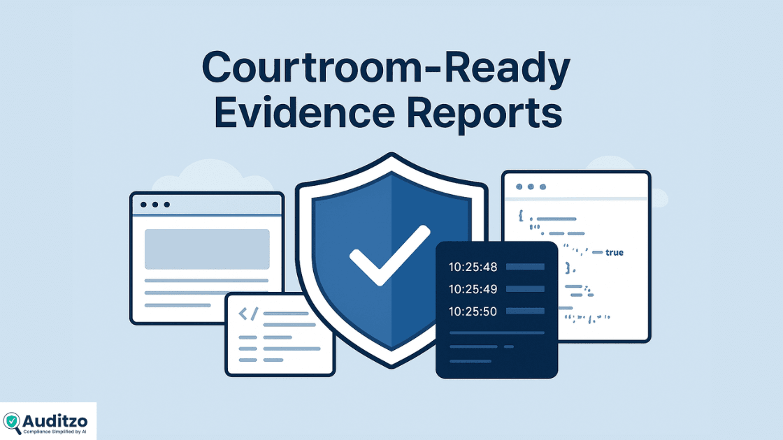 Courtroom-ready evidence report hero banner showing compliance shield with website screenshot, log snippet, and HAR file JSON, symbolising CIPA, GDPR, and CCPA audits.
