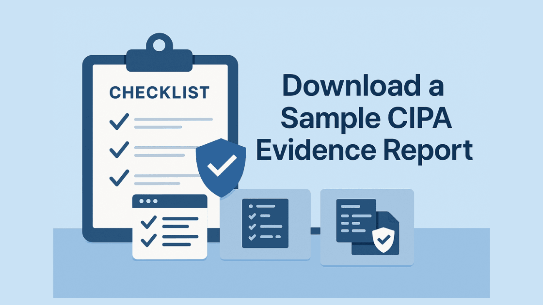 Compliance checklist banner with shield icon and CTA text ‘Download a Sample CIPA Evidence Report’ for law firms.