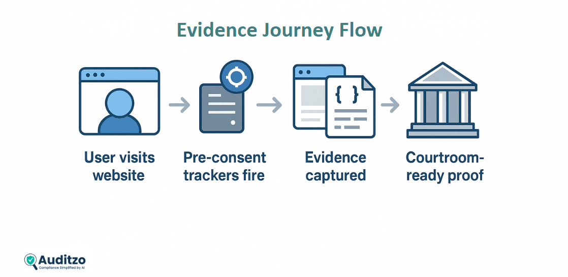 Infographic showing evidence journey: user visits website, pre-consent trackers fire, evidence captured as screenshot, log, HAR, leading to courtroom-ready proof.