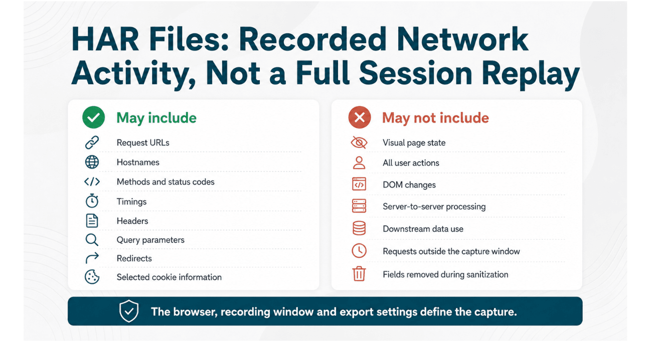 HAR file infographic comparing browser-network information that may be included with activity that may remain outside the capture.