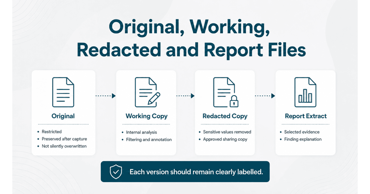 Website evidence file workflow distinguishing an original capture, working copy, redacted sharing copy, and selected report extract.