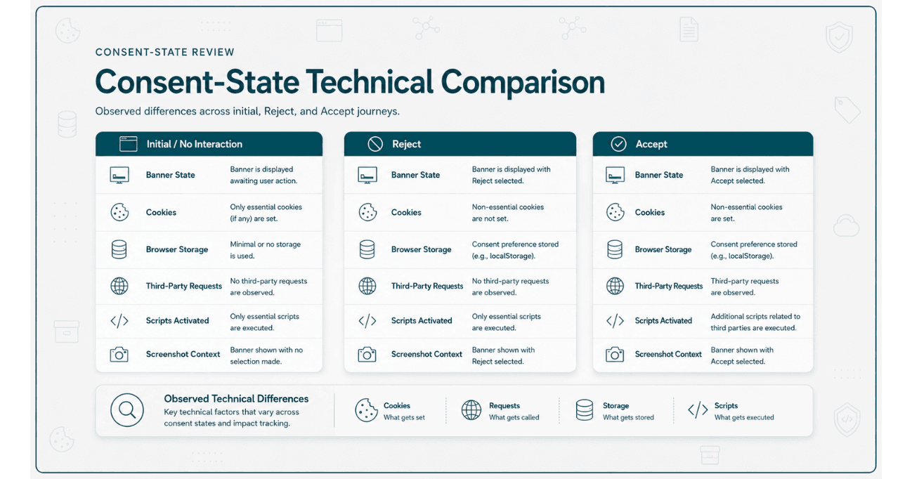 Technical comparison of initial, Reject, and Accept consent states across cookies, browser storage, third-party requests, scripts, and screenshot context.