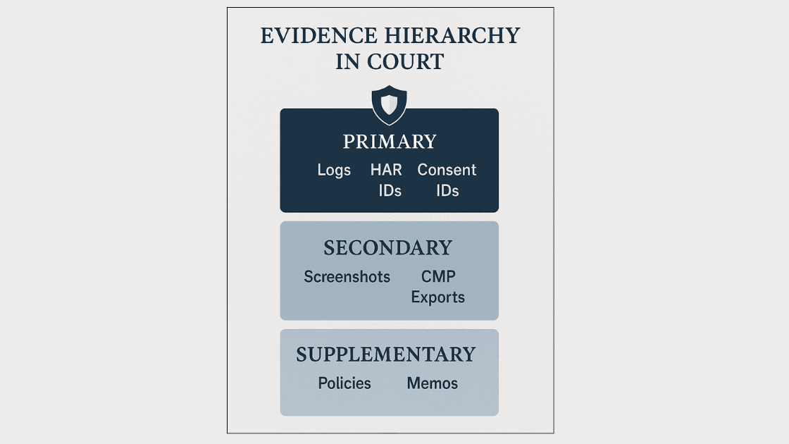 Evidence hierarchy for GDPR court compliance — primary logs and HAR IDs, secondary screenshots and CMP exports, supplementary policies