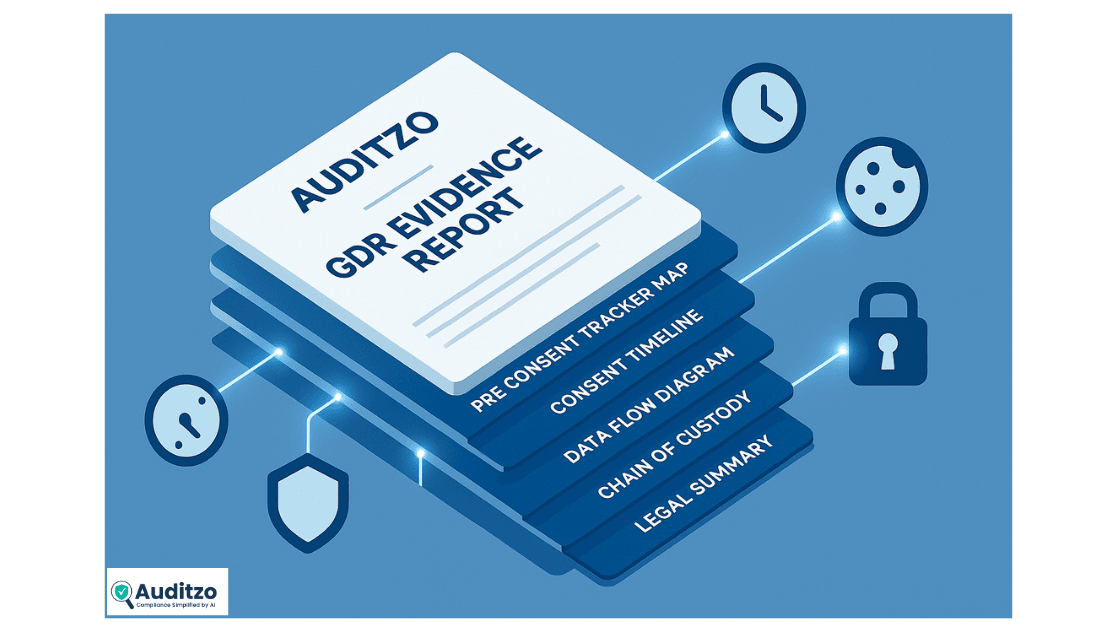 Isometric diagram of Auditzo GDPR evidence report structure showing pre-consent tracker map, consent timeline, and chain of custody layers.