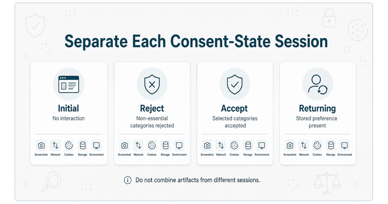 Separate cookie evidence sessions for initial, reject, accept, and returning visitor consent states, each with its own technical artifacts.
