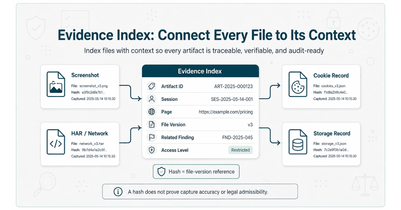 Evidence index linking screenshots, HAR network files, cookie records, and storage records to a session, page, file version, related finding, and access level.