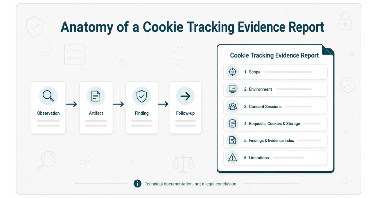 Structure of a cookie tracking evidence report covering scope, environment, consent sessions, requests, cookies, storage, findings, evidence index, and limitations.
