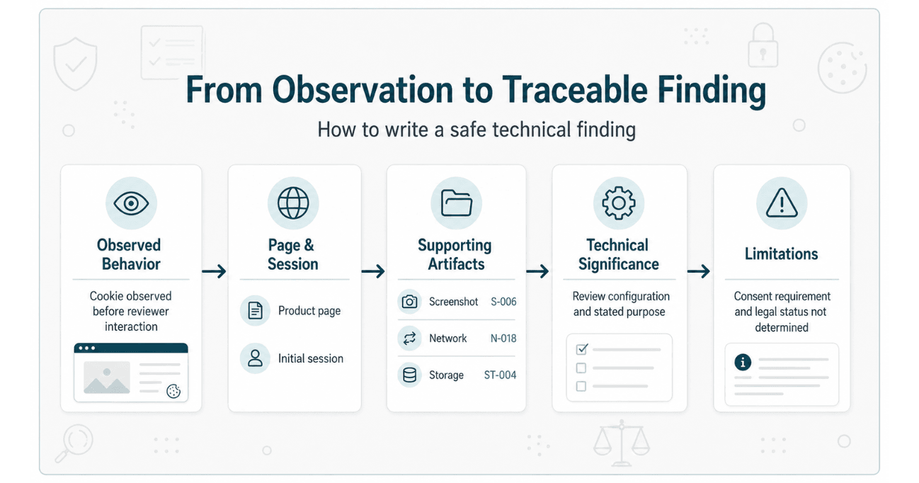 Workflow for writing a traceable cookie tracking finding using observed behavior, page and session context, supporting artifacts, technical significance, and limitations.