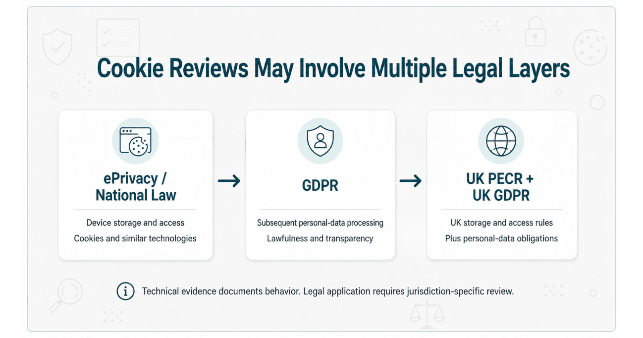 Cookie review legal framework showing ePrivacy and national device-access rules, GDPR personal-data processing, and UK PECR with UK GDPR.