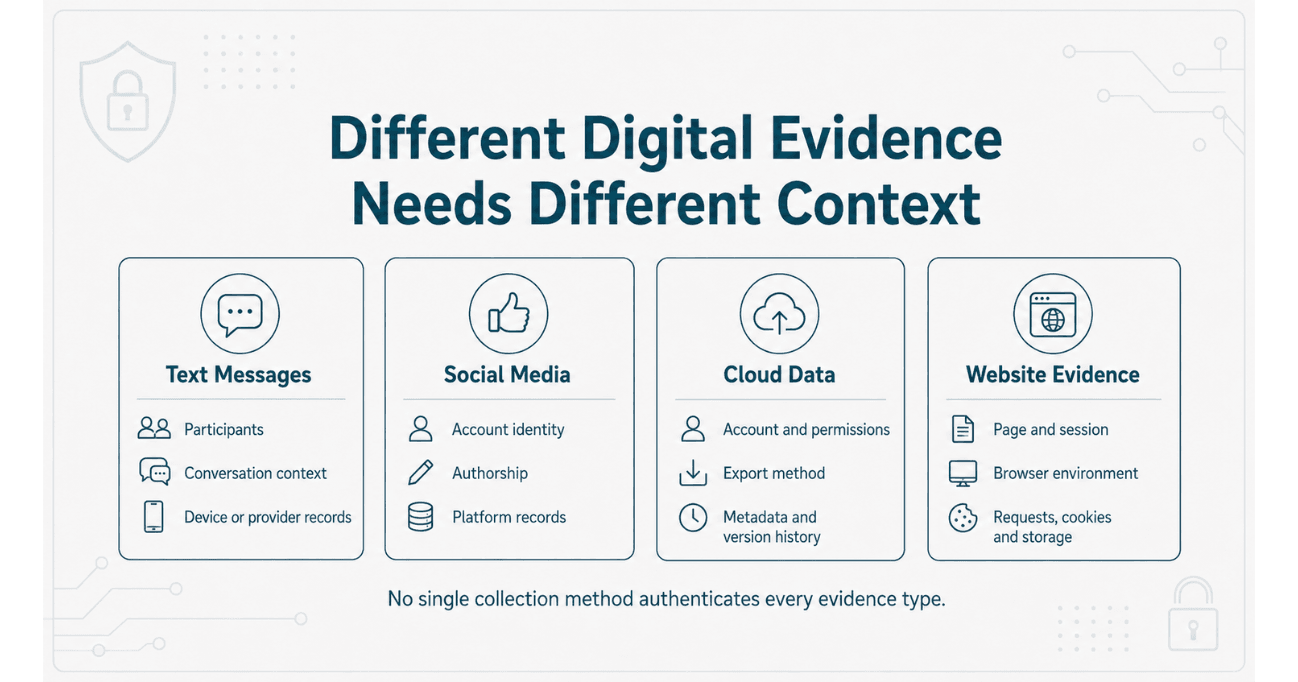 Different documentation contexts for text messages, social media, cloud data, and website evidence.
