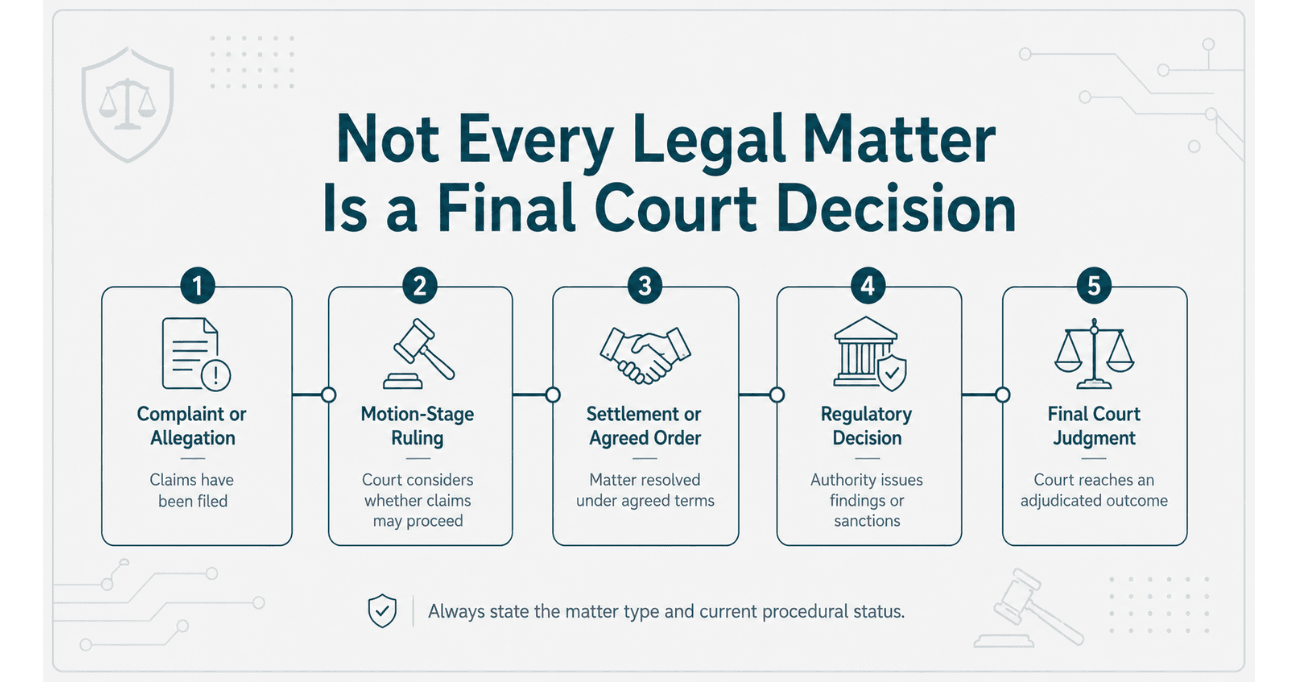 Comparison of a complaint, motion-stage ruling, settlement or agreed order, regulatory decision, and final court judgment.
