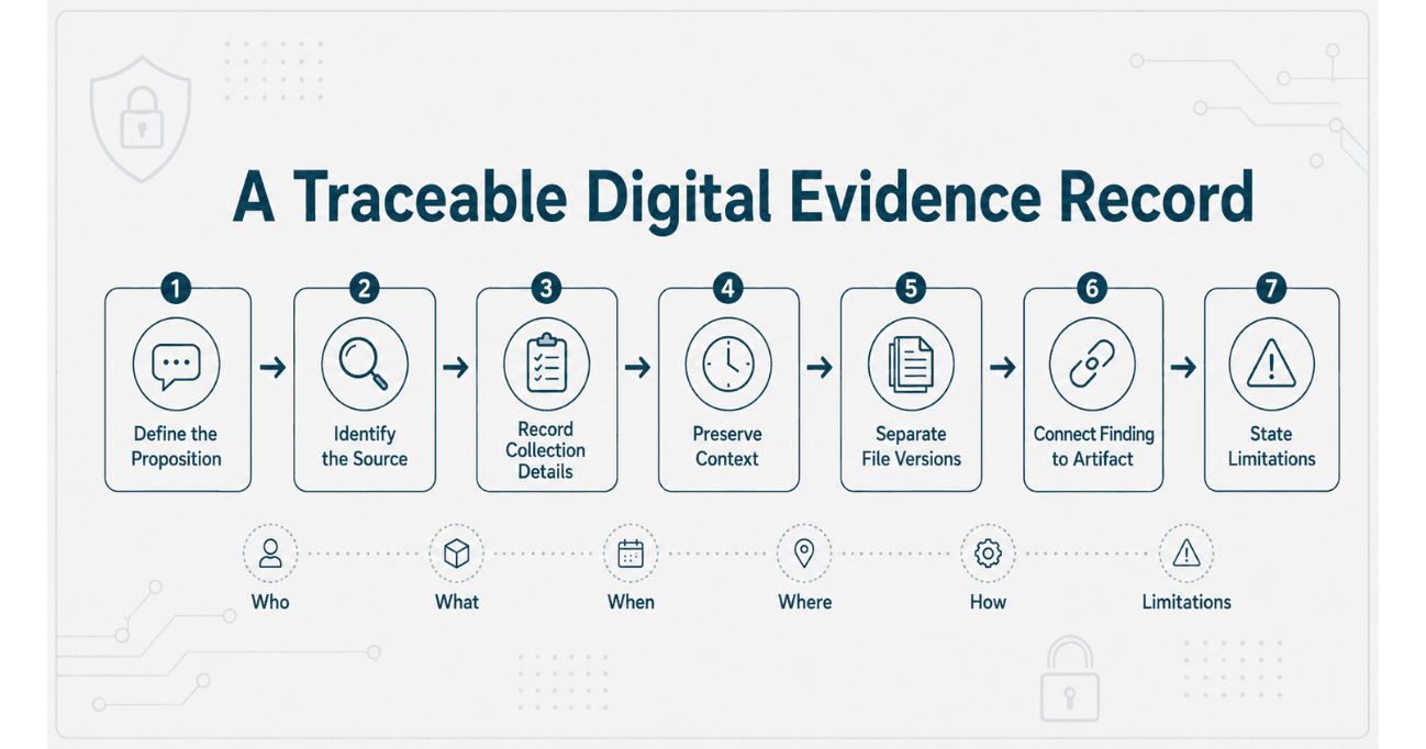 Digital evidence documentation framework covering proposition, source, collection details, context, file versions, artifact links, and limitations.