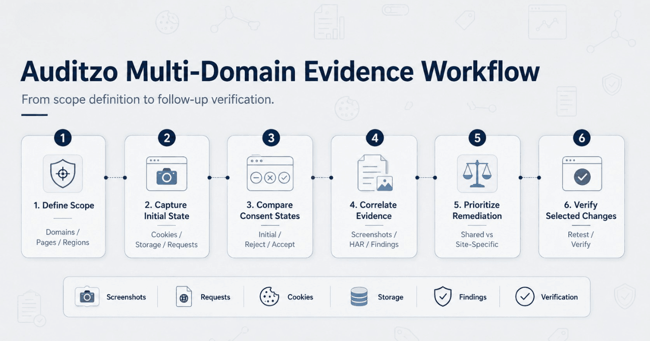 Six-step Auditzo workflow covering scope definition, initial-state capture, consent-state comparison, evidence correlation, remediation planning, and verification.