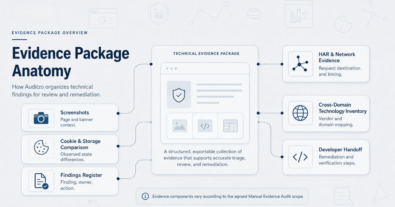 Diagram showing screenshots, HAR and network evidence, cookie and storage comparisons, technology inventory, findings register, and developer handoff.