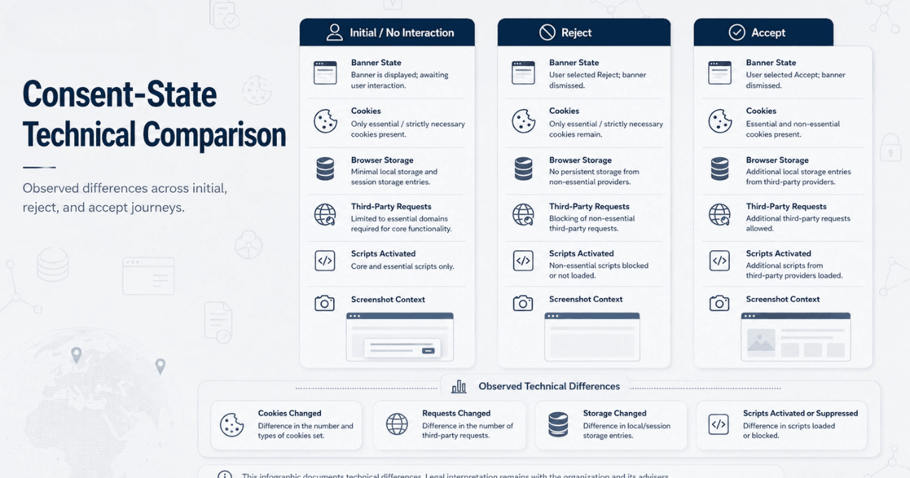 Comparison of initial, Reject, and Accept consent states across cookies, browser storage, third-party requests, scripts, and screenshot context.