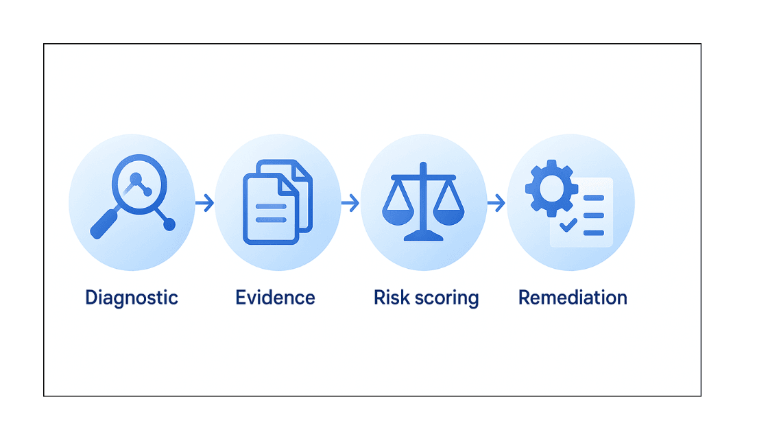 Four-step audit workflow with icons for diagnostic review, evidence capture, risk scoring, and remediation planning.