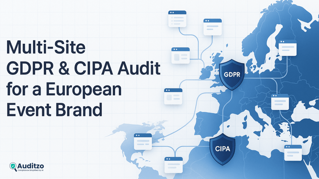 Hero banner showing Europe–USA map with connected website nodes and security shields for a multi-site GDPR and CIPA audit.