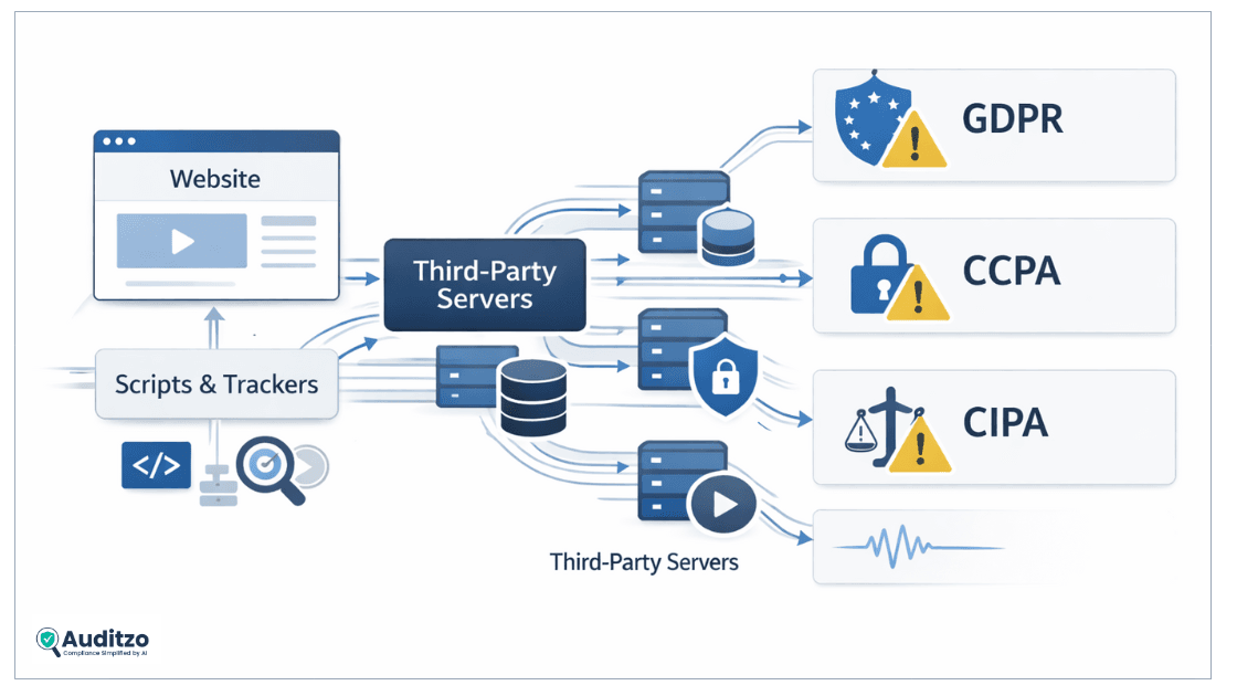 Architecture illustration showing website data flows creating GDPR, CCPA, and CIPA legal risk