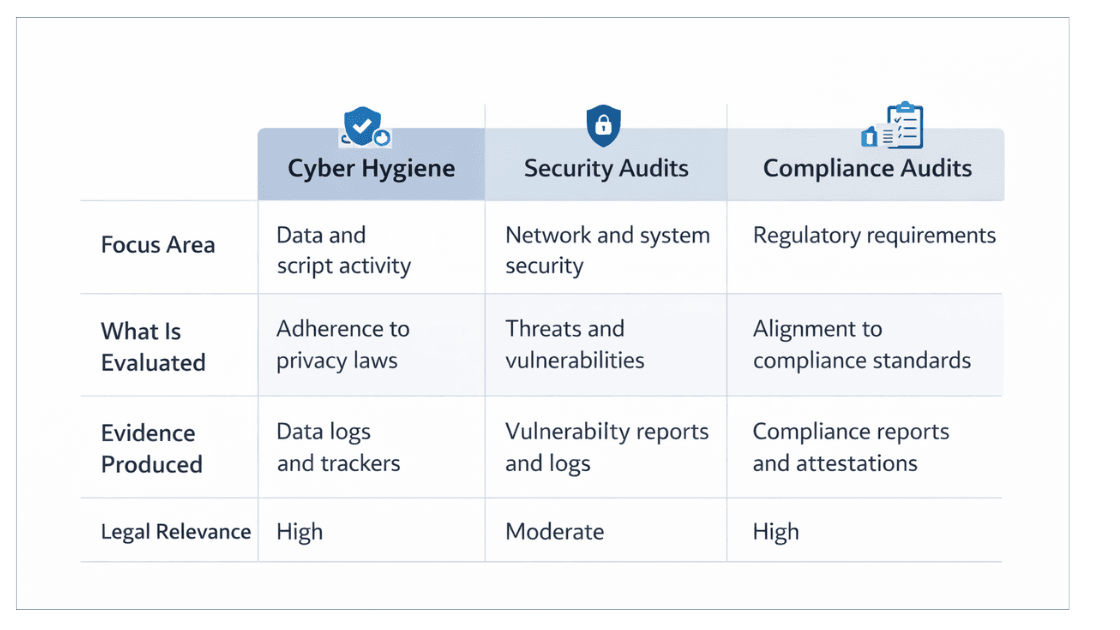 Comparison table showing cyber hygiene vs security audits vs compliance audits