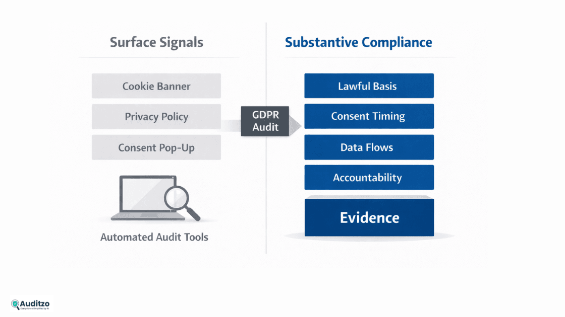 Conceptual diagram showing GDPR compliance based on evidence rather than visible website elements