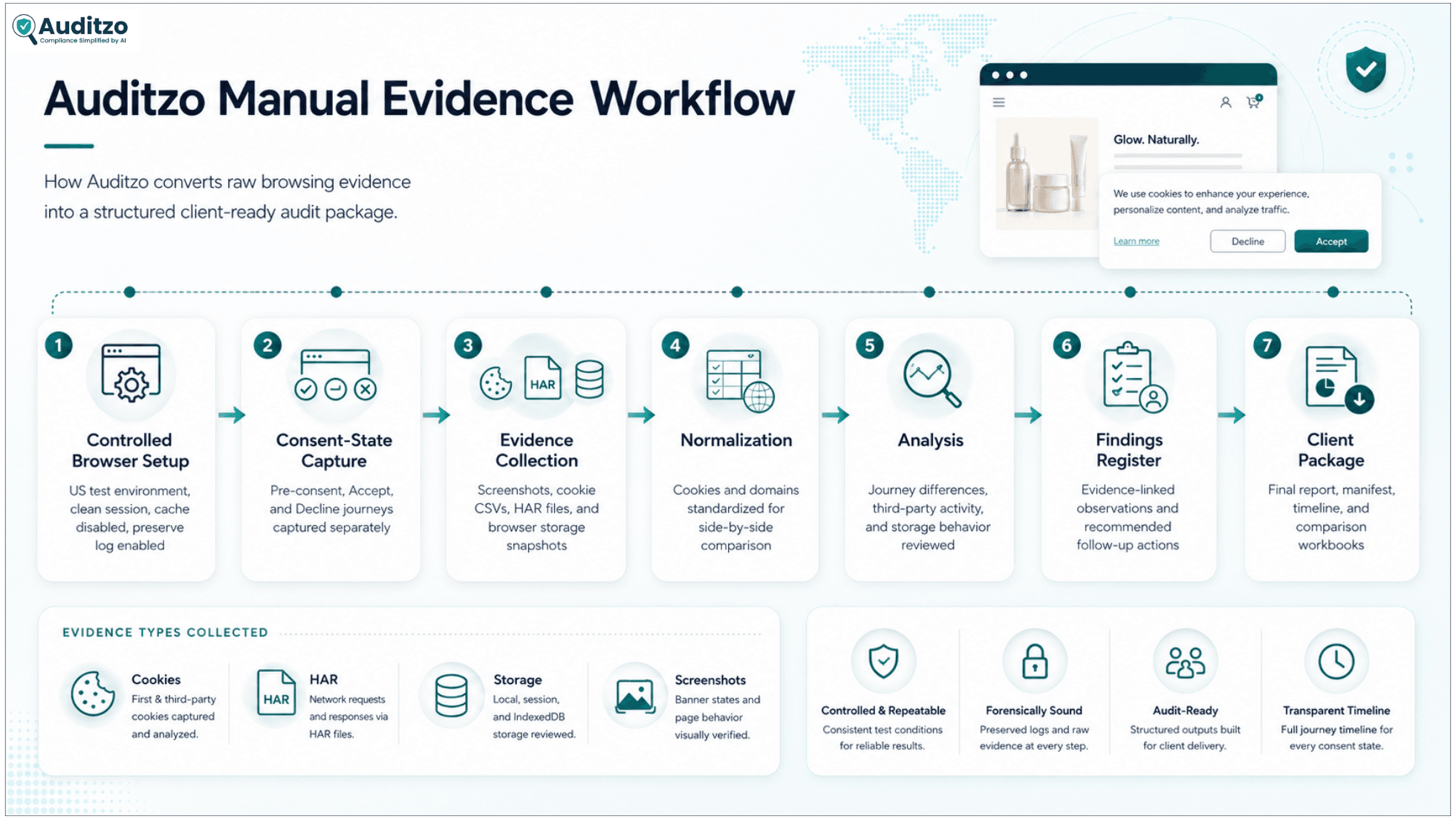 Auditzo manual evidence workflow for cookie consent and third party tracking review