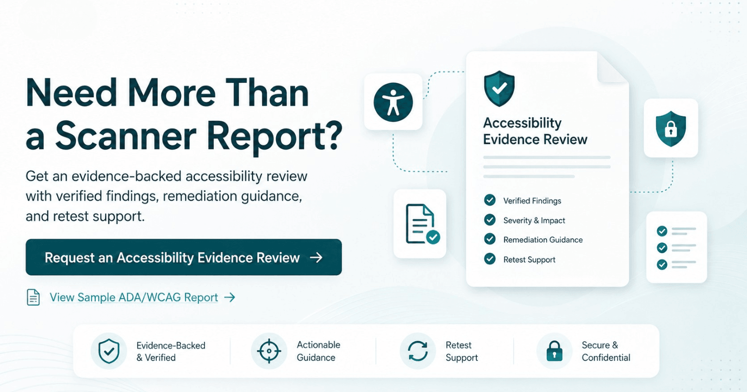 Call to action banner for an accessibility evidence review with verified findings, remediation guidance, and retest support