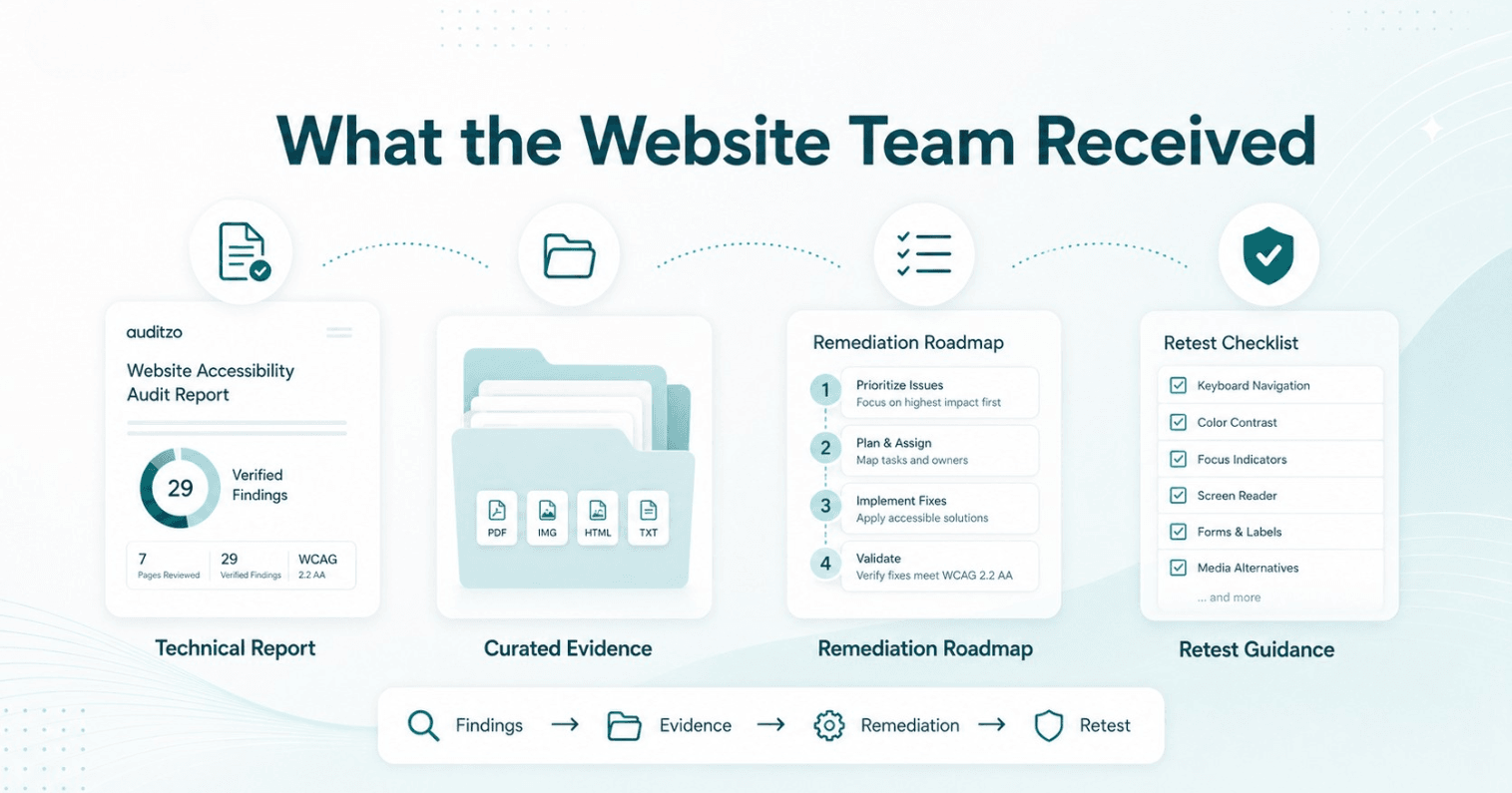 Accessibility audit deliverables including technical report, curated evidence, remediation roadmap, and retest guidance