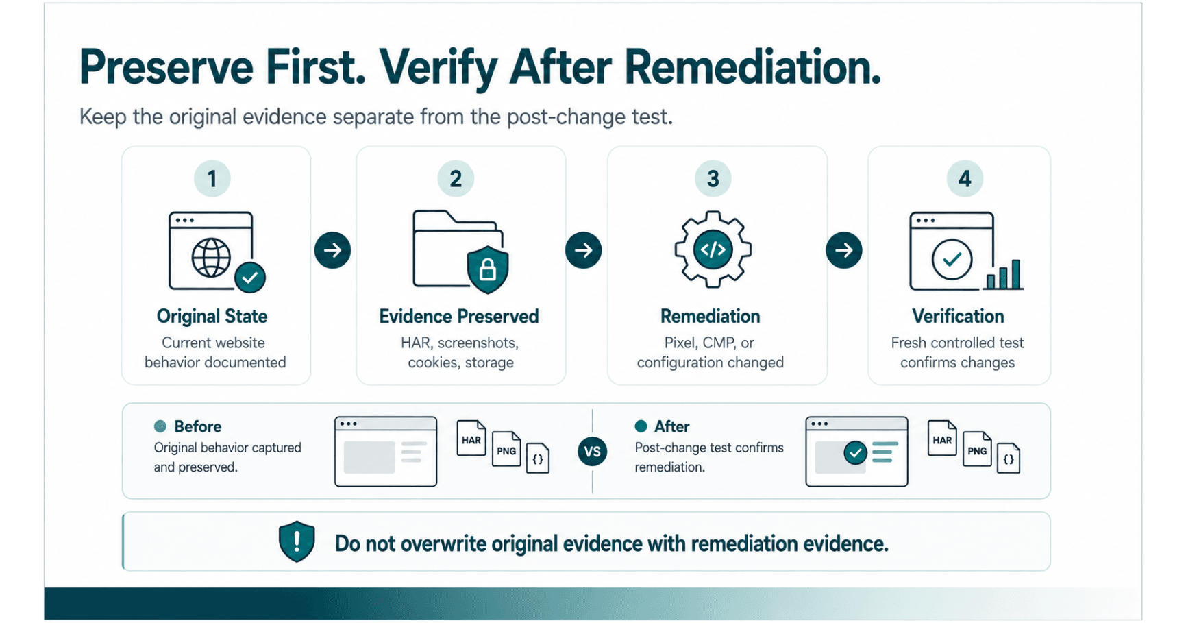 Website tracking evidence workflow showing original-state preservation, remediation, and post-remediation verification