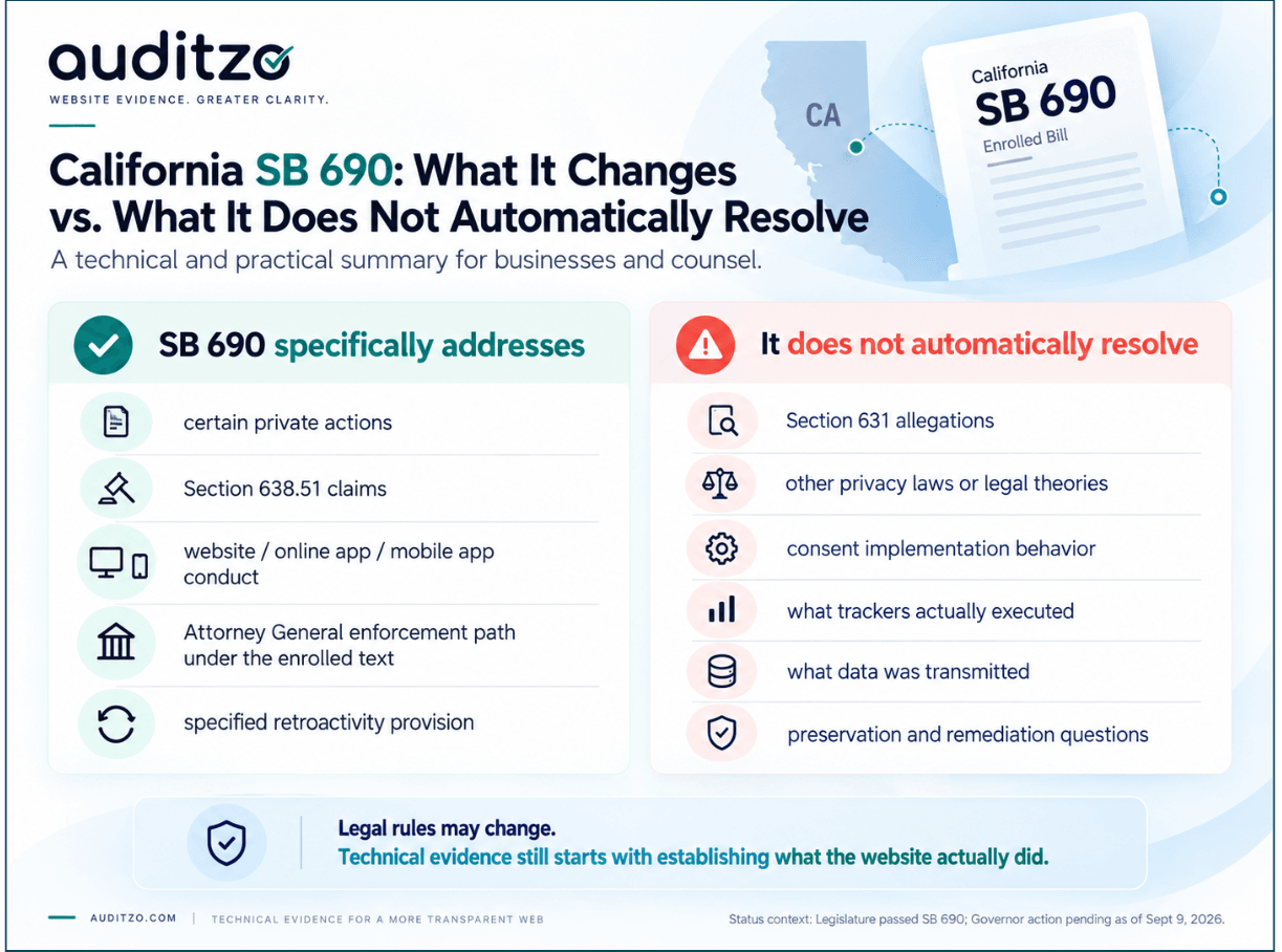 California SB 690 comparison showing what it addresses and what it does not automatically resolve for CIPA website tracking