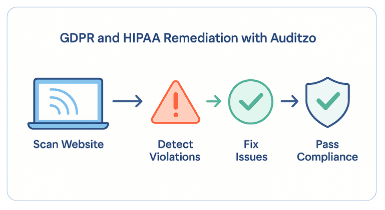 Visual flow of how Auditzo helps fix GDPR/HIPAA compliance in SaaS websites