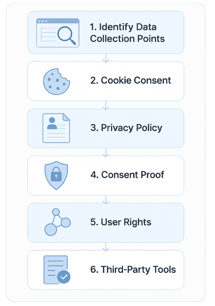 GDPR audit checklist infographic showing a 7-step website audit process