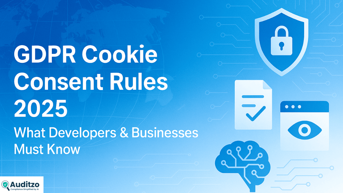Modern GDPR cookie consent rules 2025 banner with global compliance and AI security visuals