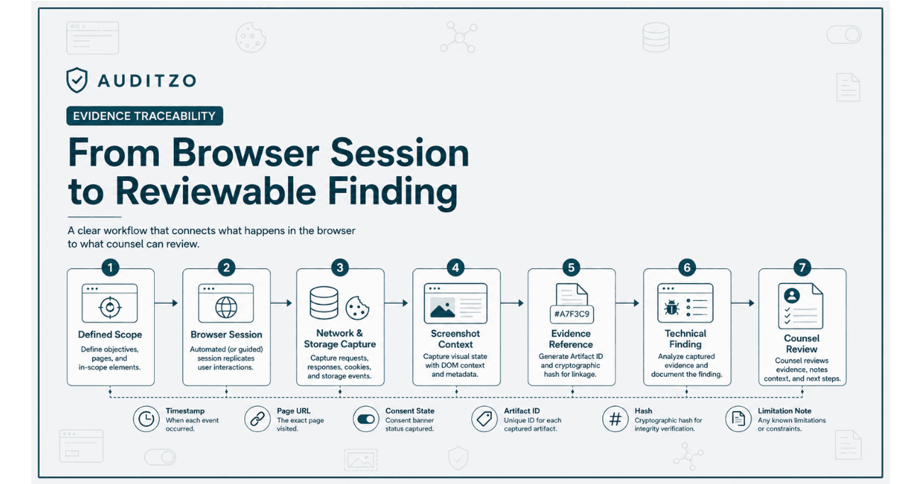 Workflow showing how a defined browser session becomes a traceable technical finding through network capture, screenshot context, artifact references, hashes, and counsel review.
