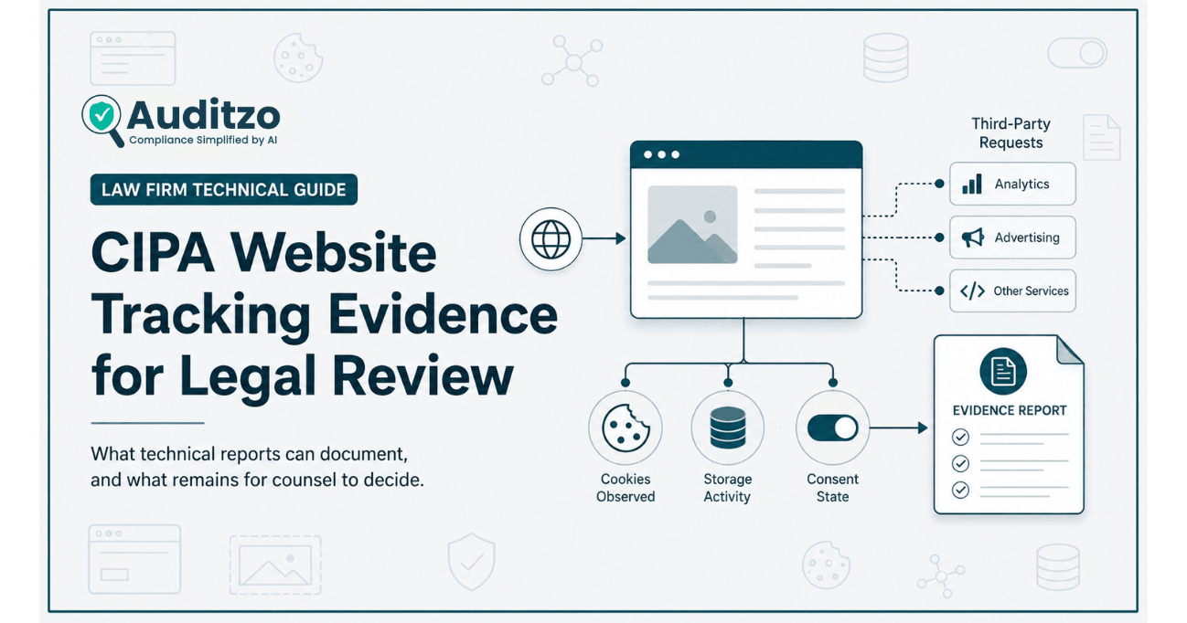 Illustration of a website tracking evidence review showing third-party requests, cookies, browser storage, consent state, and a technical report for counsel.