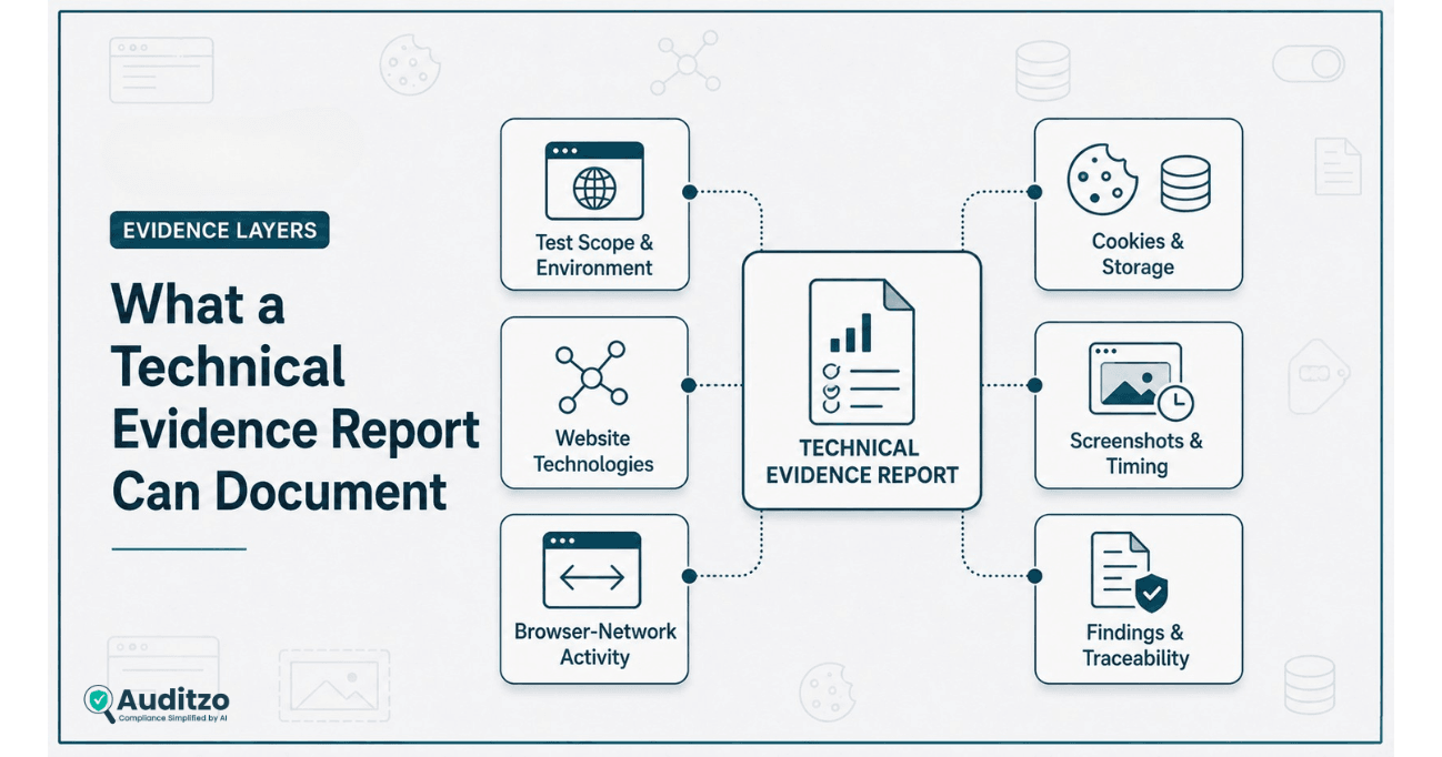 Diagram showing test scope, website technologies, browser-network activity, cookies and storage, screenshots and timing, and findings traceability within a technical evidence report.