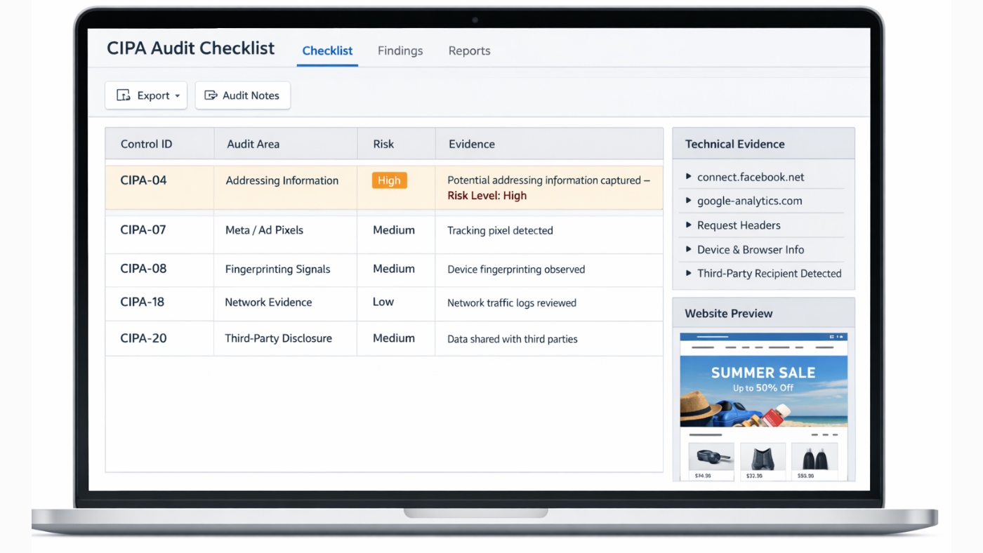 CIPA audit checklist preview showing tracker evidence, addressing information review, and third-party request controls